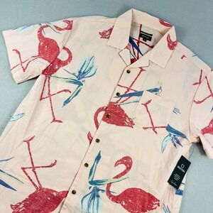 Brixton Bunker Flamingo Print Shirt Mens Large Coral Pink Relaxed Fit 01517 NEW